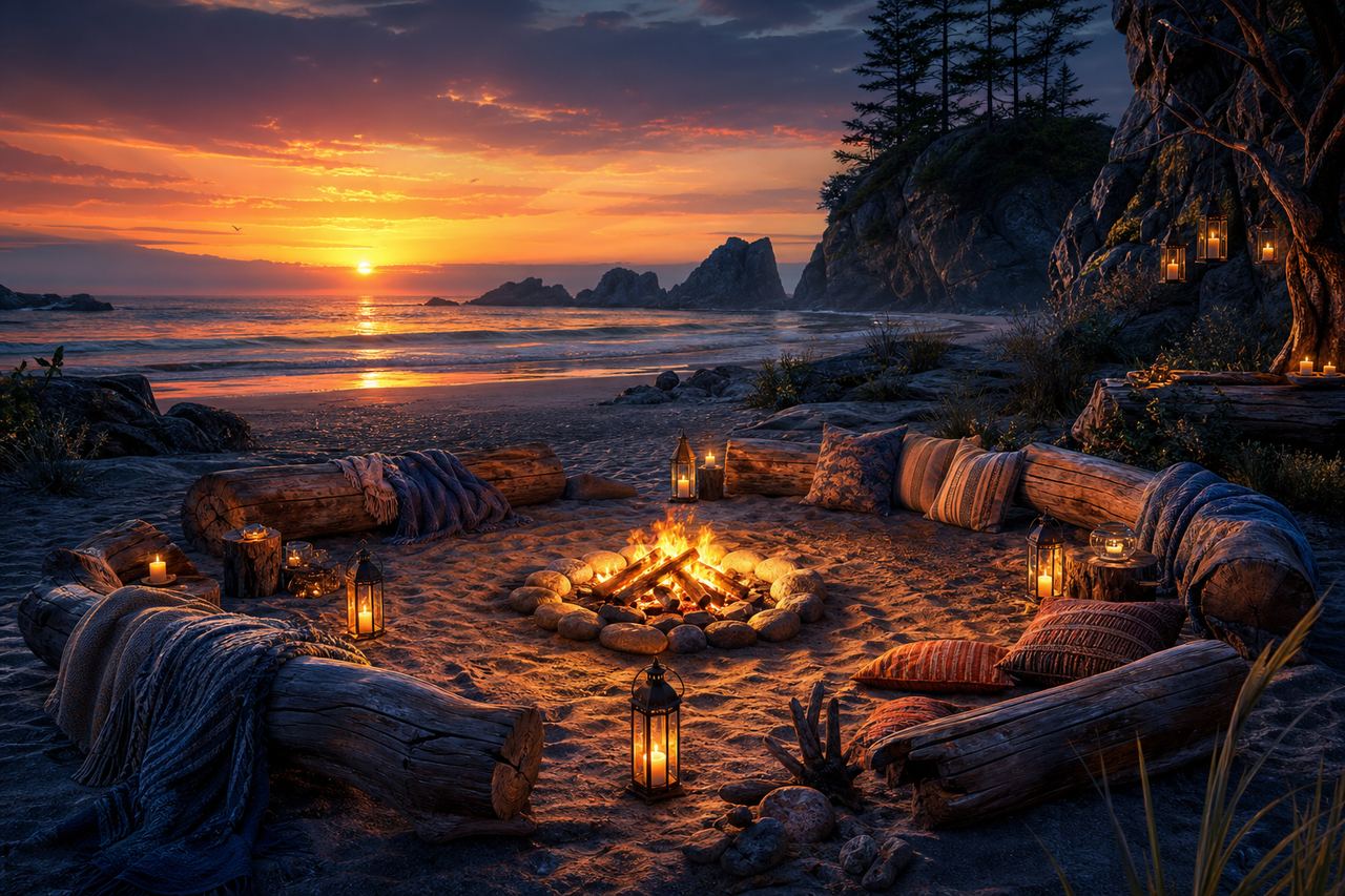 A beach bonfire circle with driftwood benches at dusk
