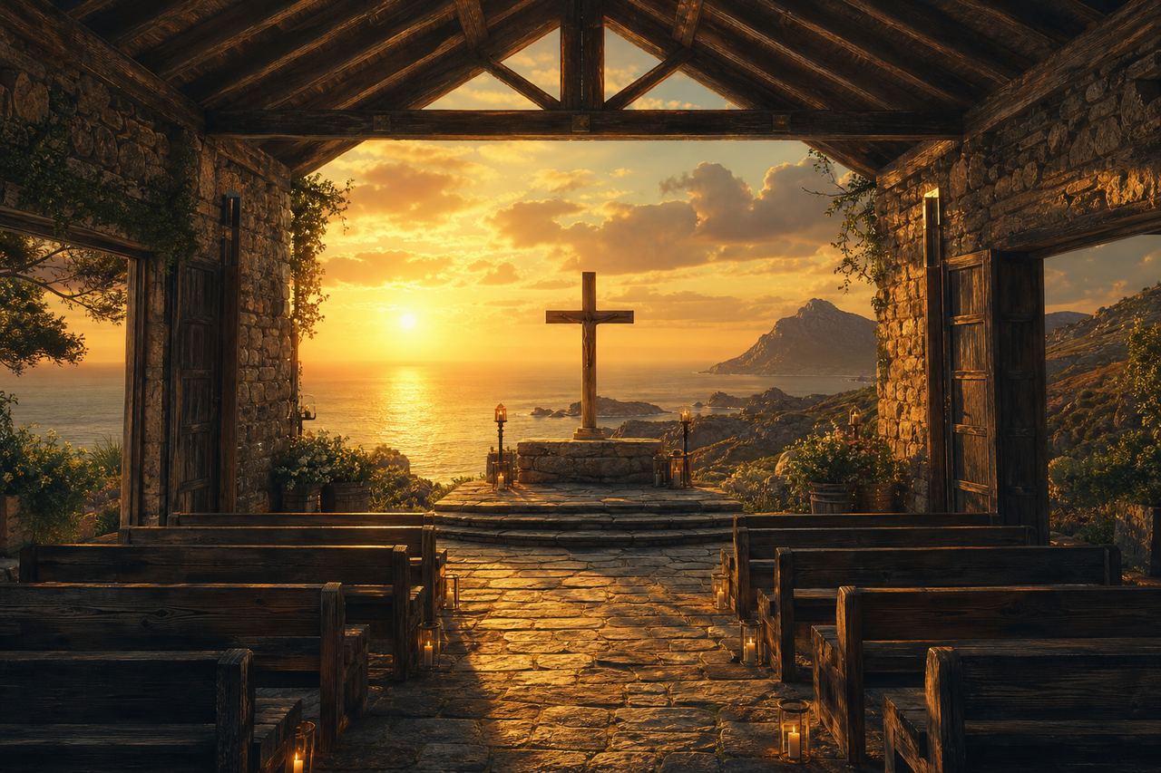 A small open-air chapel facing the sea at golden hour