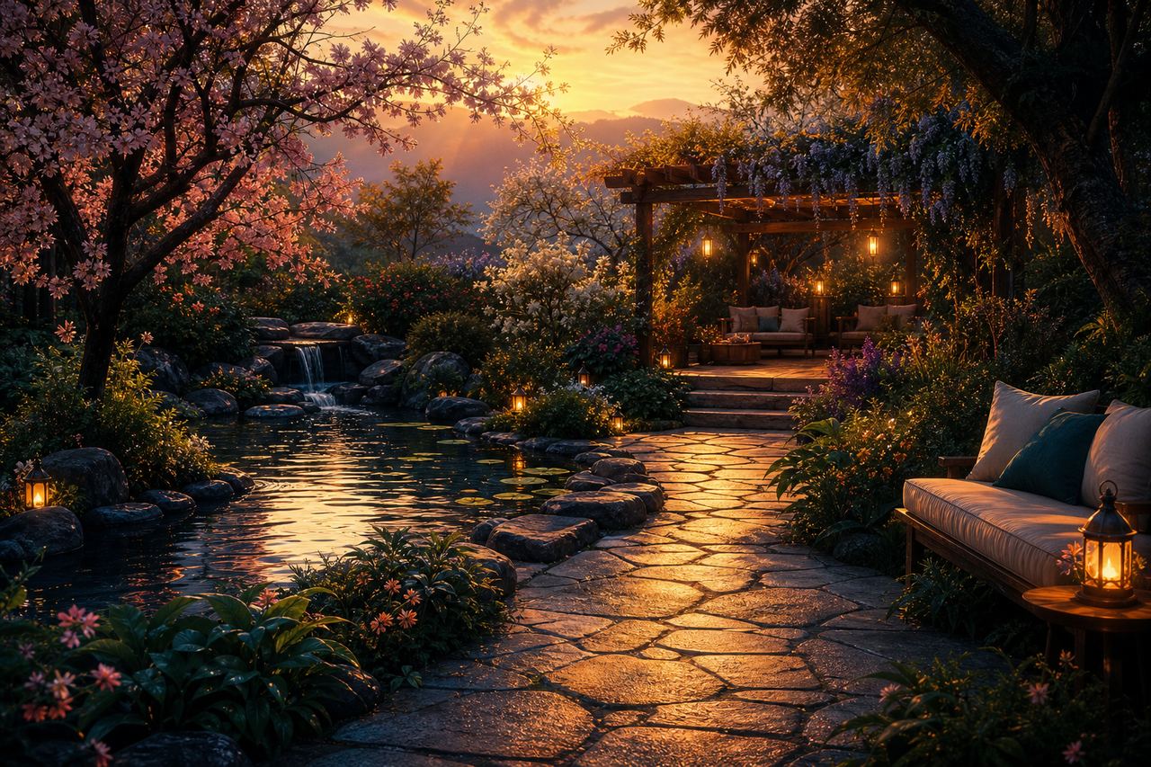 A quiet garden path with a pond and warm lights