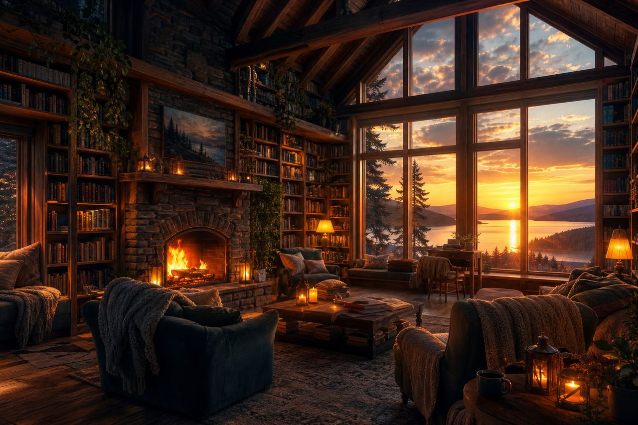 A cozy library cabin with a fireplace and lake view