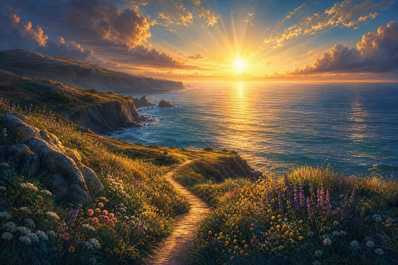 Sunrise over the ocean from a wildflower meadow with a winding path