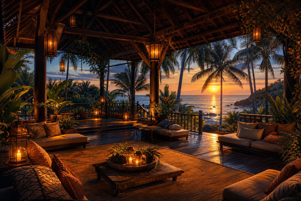 An open-air pavilion with lanterns above the sea at sunset